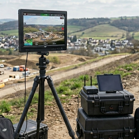 Monitor mit Stativ Übertragungsmonitor auf Stativ, Blick auf eine Baustelle und umliegende Landschaft.